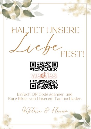Hochzeitsfotos mit Gästen teilen - QR-Code Vorlage gold-grün